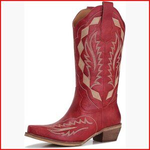Women's Embroidered Cowgirl Boots Mid-Calf Snip Toe Chunky Heel